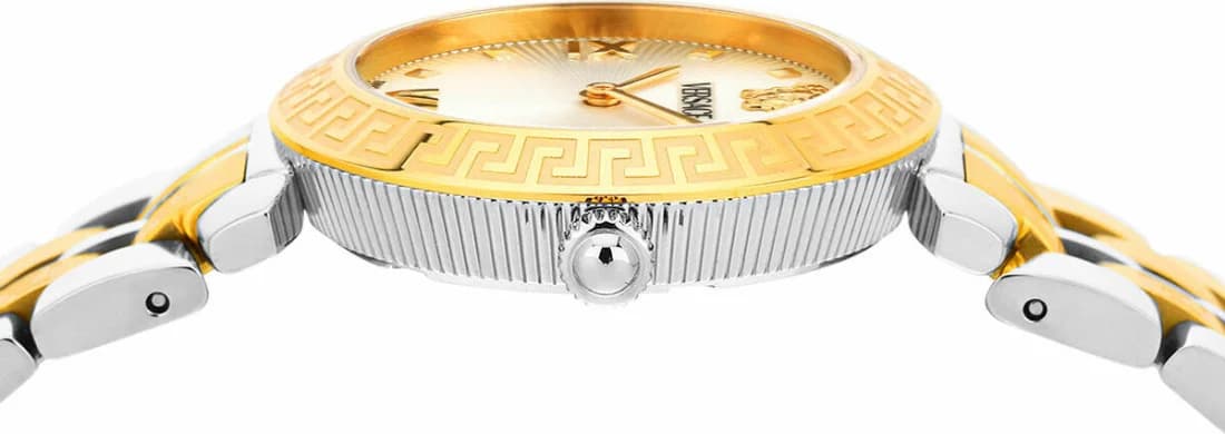 Bracelet Versace VEOCA0324 en acier bicolore, maillons alternés or et argent, fermoir déployant sécurisé