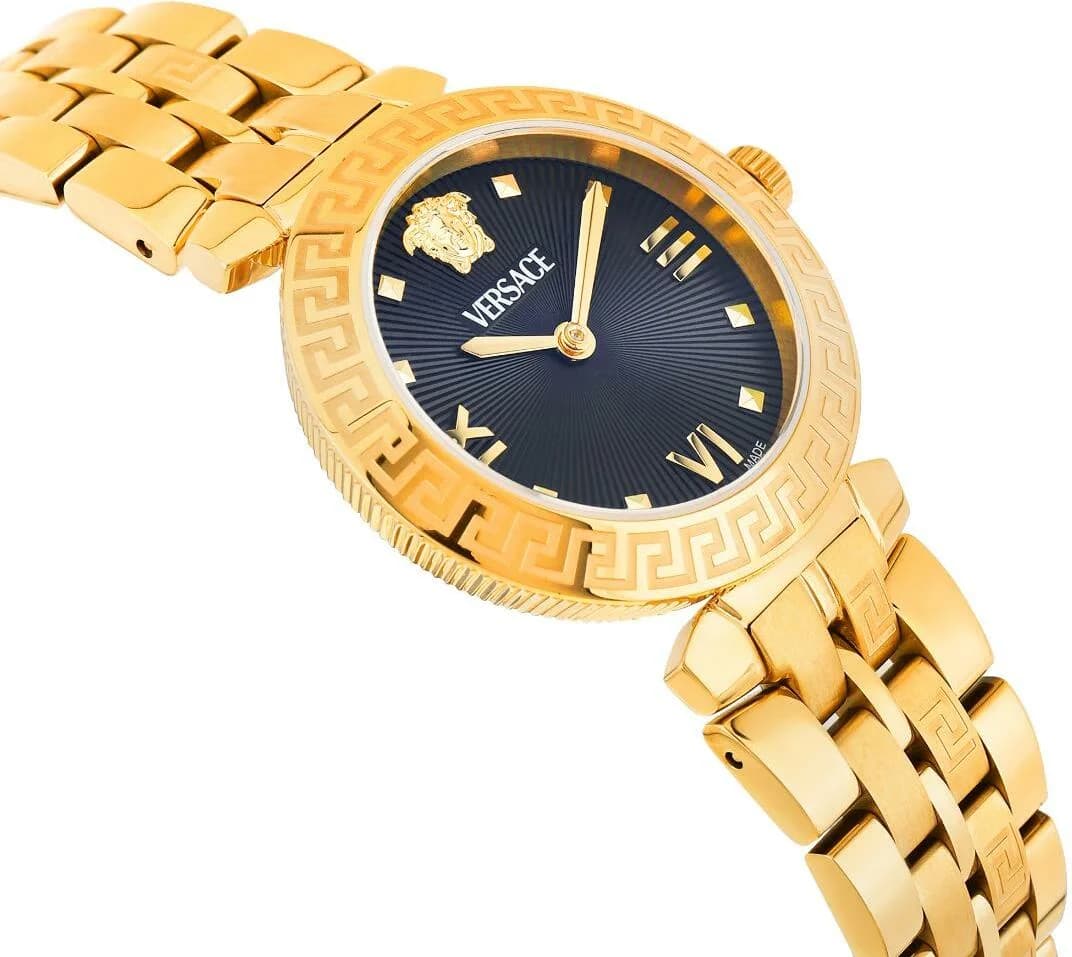 Cadran Versace VEOCA0524 avec index bâtons dorés, aiguilles fines et date à 3h pour une lisibilité parfaite