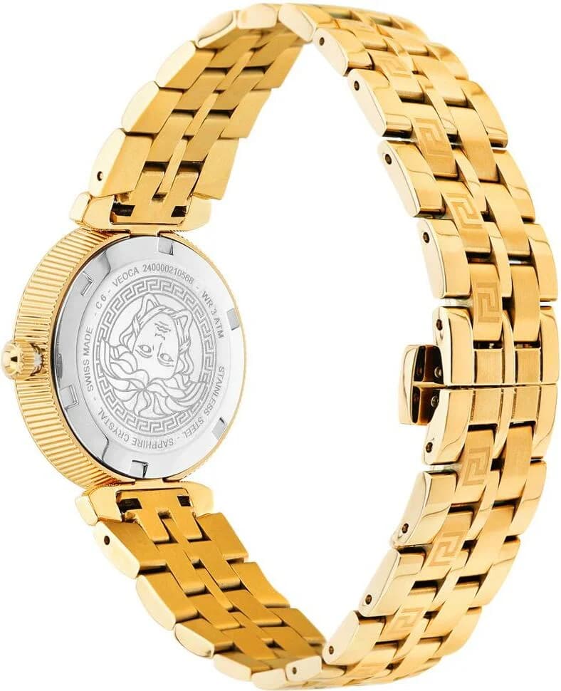 Boîtier Versace VEOCA0524 rond en acier doré, lunette lisse et profil fin pour un porté féminin chic