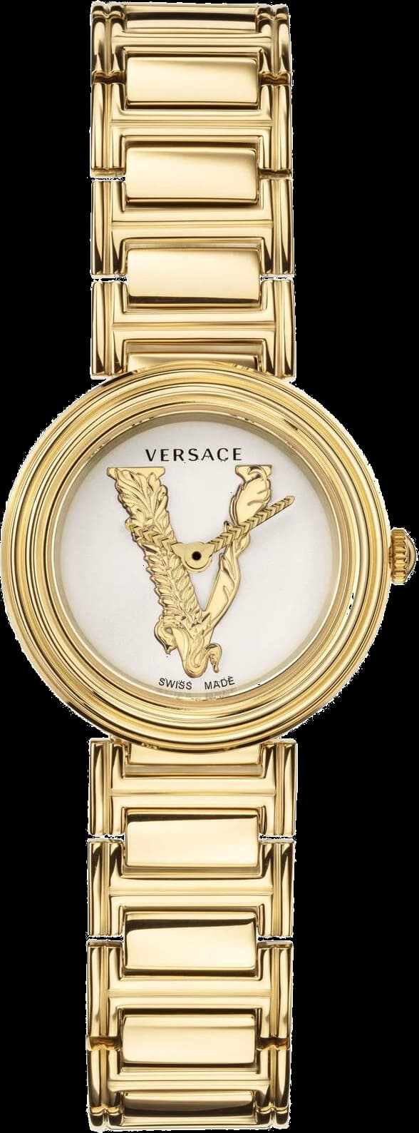 Montre Versace VET300221 avec cadran blanc et index en or, design minimaliste chic
