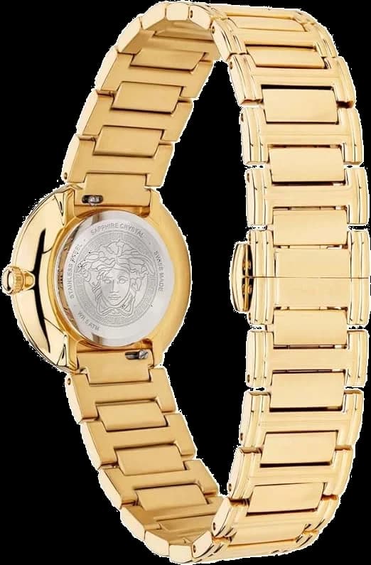 Cadran Versace VET300221 aux index bâtons dorés, aiguilles fines et logo Versace à 12h