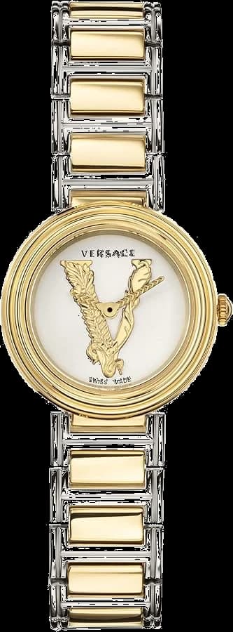 Montre Versace VET300721 avec cadran blanc et détails dorés, style élégant et raffiné