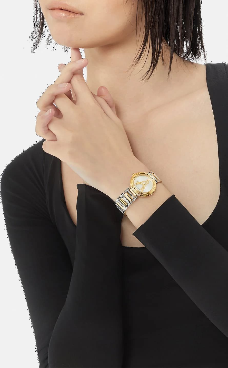 Boîtier Versace VET300721 rond en acier bicolore, lunette lisse, vue de profil fine et chic