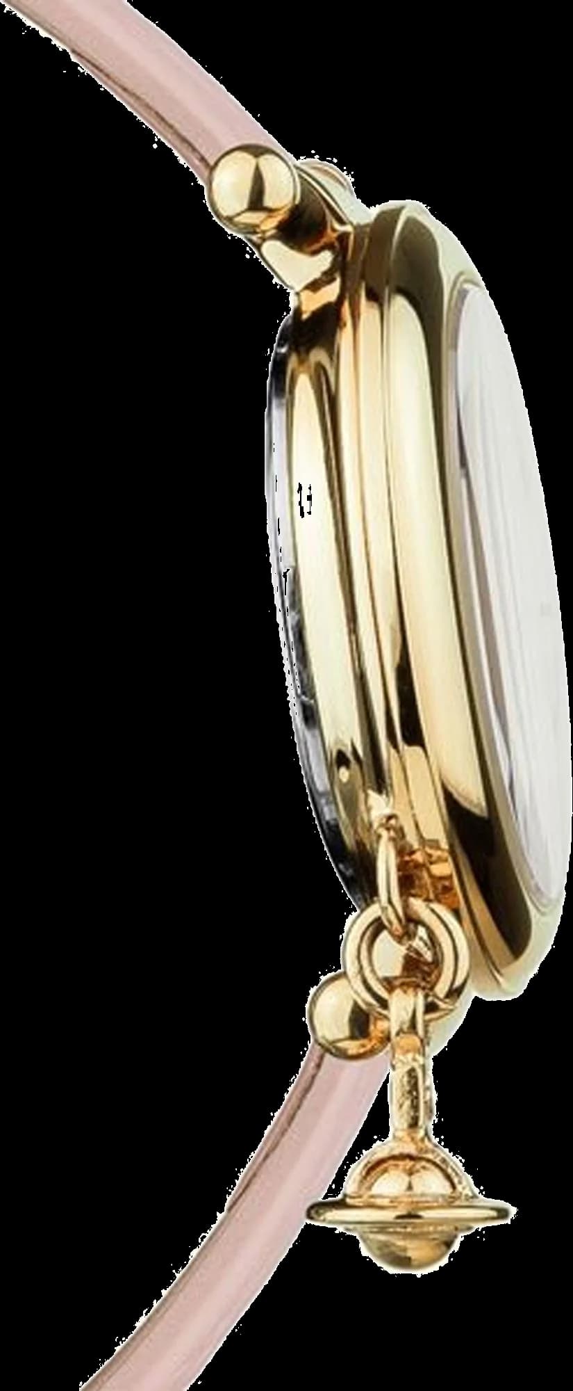 Cadran Vivienne Westwood VV006PKPK avec logo Orb central, index bâtons dorés et aiguilles dorées nacré