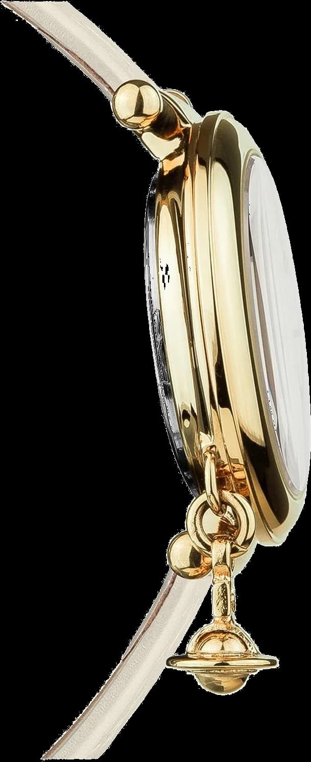 Cadran Vivienne Westwood VV006WHWH doré avec logo Orb, index bâtons et aiguilles fines, complication date à 3h