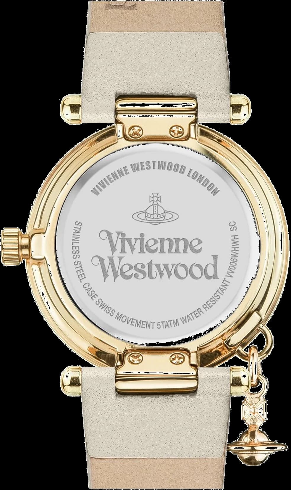 Bracelet Vivienne Westwood VV006WHWH en cuir beige avec coutures contrastées et boucle ardillon signée Vivienne Westwood