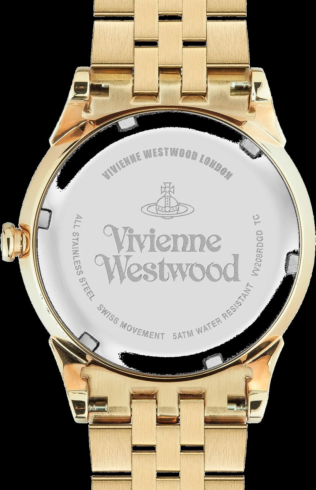 Boîtier Vivienne Westwood VV208RDGD rond en acier doré, lunette lisse, verre minéral, profil fin et féminin