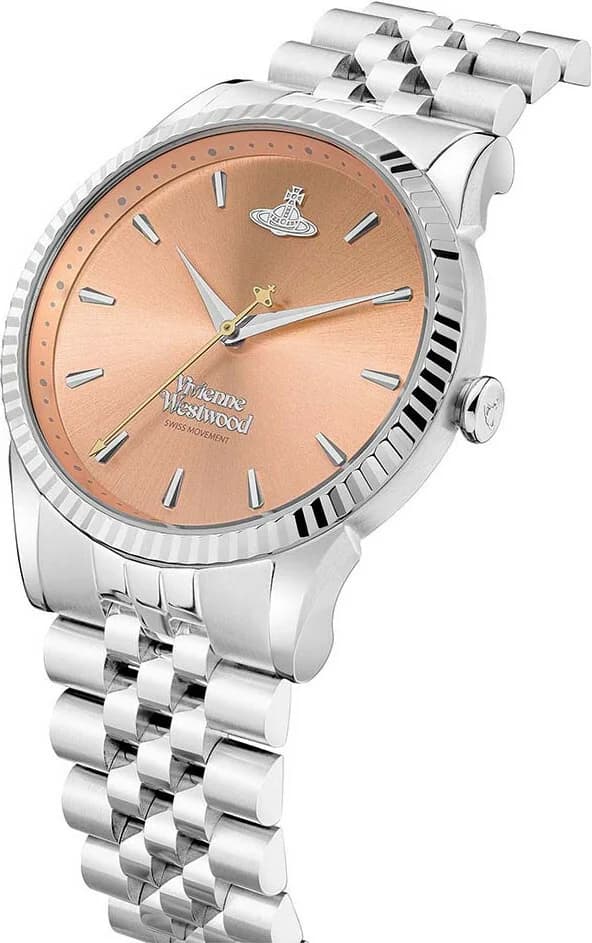 Cadran Vivienne Westwood VV240PHSL orange avec index bâtons et aiguilles argentées, logo Westwood gravé