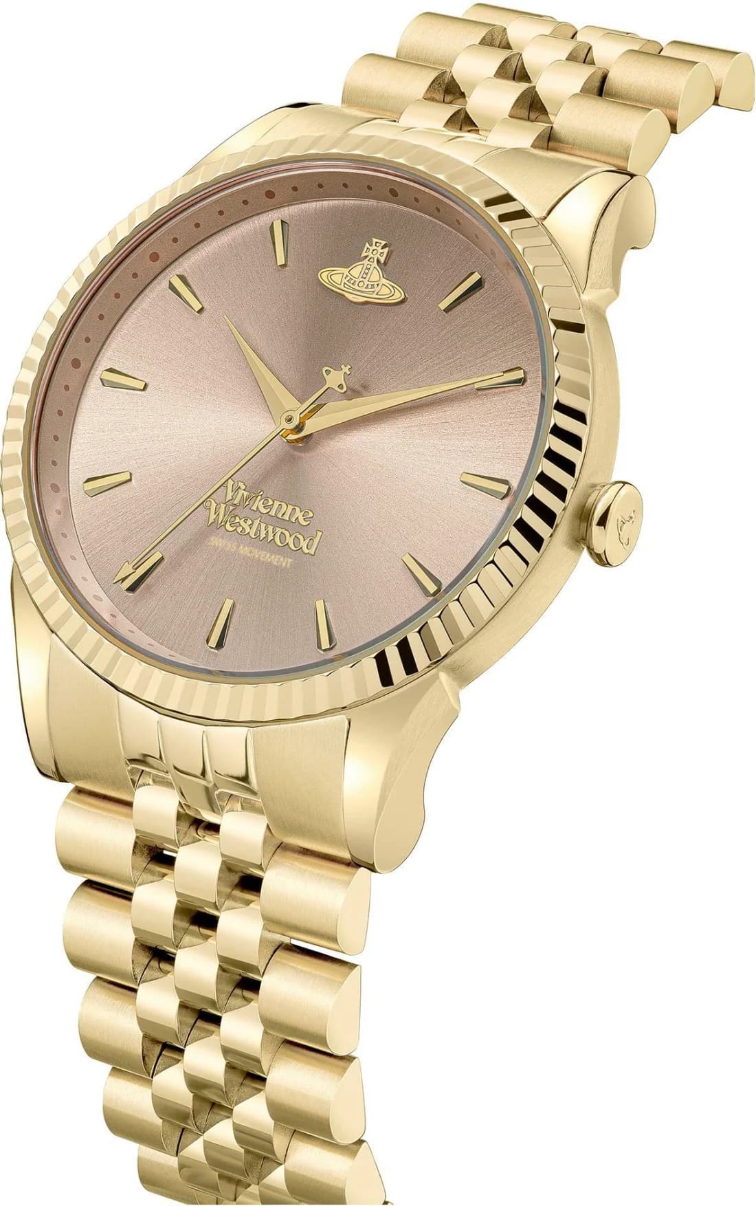 Cadran Vivienne Westwood VV240PKGD détail cadran rose avec logo Vivienne Westwood, index bâtons dorés et aiguilles dorées, date à 3h