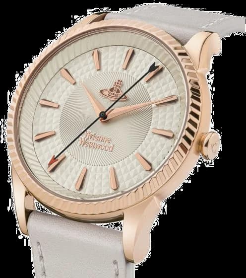 Cadran Vivienne Westwood VV240RSWH blanc aux index dorés, aiguilles style épée et signature orbite