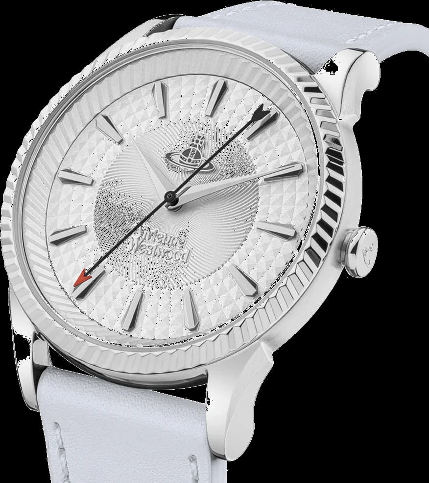 Cadran Vivienne Westwood VV240SLLC blanc avec index bâtons et logo Orion à 12h, aiguilles bleues