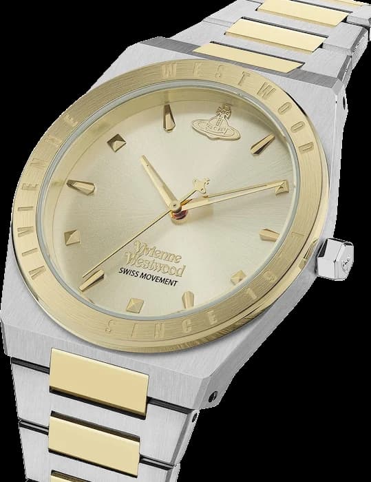 Cadran Vivienne Westwood VV244CPSG cadran doré avec index bâtons et aiguilles fines, orbite emblématique au centre