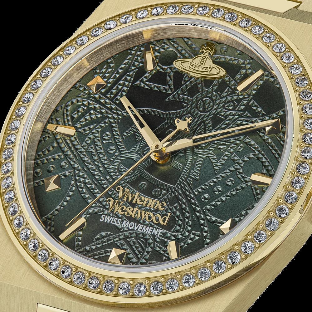 Cadran Vivienne Westwood VV244GDGR avec finition soleillée, index bâtons dorés et logo iconique à 12h, aiguilles facettées