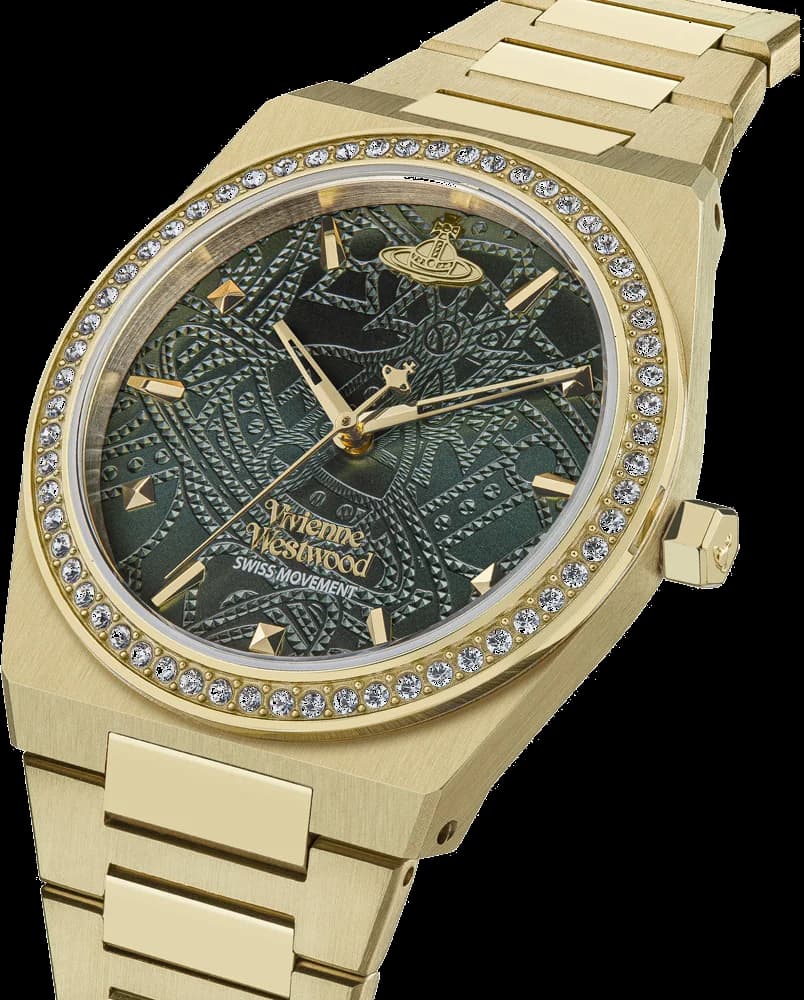 Montre Femme Vivienne Westwood Charterhouse VV244GDGR bracelet doré en acier cadran vert vue 3