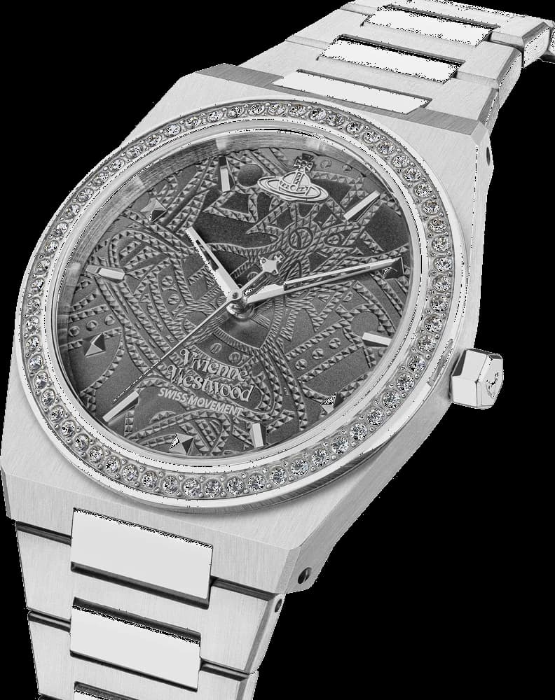 Cadran Vivienne Westwood VV244GYSL au fond gris soleillé, index bâtons et chiffres romains, aiguilles dauphine et guichet date à 3h