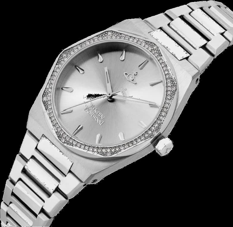 Cadran Vivienne Westwood VV244SLSL blanc avec logo gravé, index en strass et aiguilles argentées, élégance intemporelle