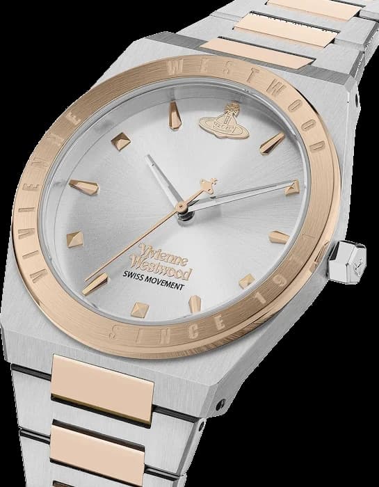 Cadran Vivienne Westwood VV244SLSR argenté avec index bâtons et logo Orb, aiguilles dorées, élégance britannique