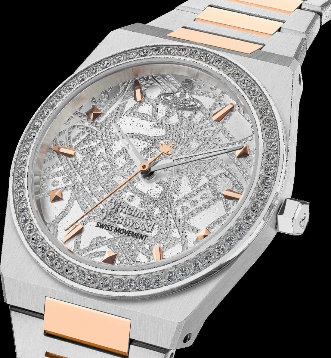 Cadran Vivienne Westwood VV244WSSR au design iconique, cadran rond blanc, aiguilles dorées et logo gravé, élégance intemporelle