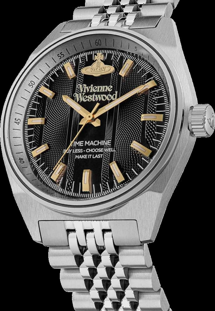Cadran Vivienne Westwood VV251BKSL noir texturé avec index bâtons argentés et aiguilles luminescentes pour une lisibilité parfaite