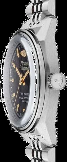 Boîtier Vivienne Westwood VV251BKSL en acier rond de 38 mm, lunette polie et verre saphir offrant une vue de profil élégante