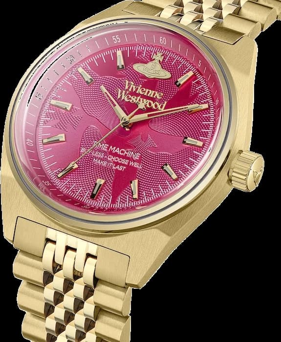 Cadran Vivienne Westwood VV251RRGD fuchsia avec index dorés et aiguilles fines, signature orbite gravée au centre