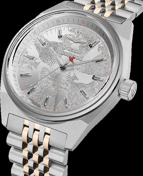 Cadran Vivienne Westwood VV251WSSR argenté orné du logo orbite, index bâtons et aiguilles dorés, guichet date à 3h