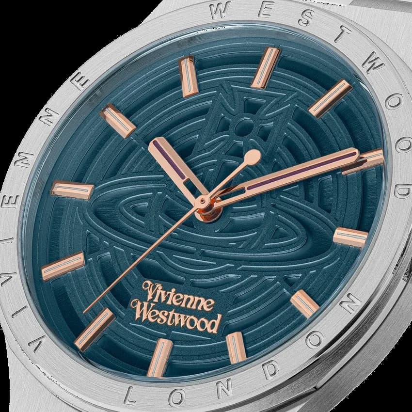 Cadran Vivienne Westwood VV257TLSL bleu soleillé avec index bâtons et logo orbite emblématique