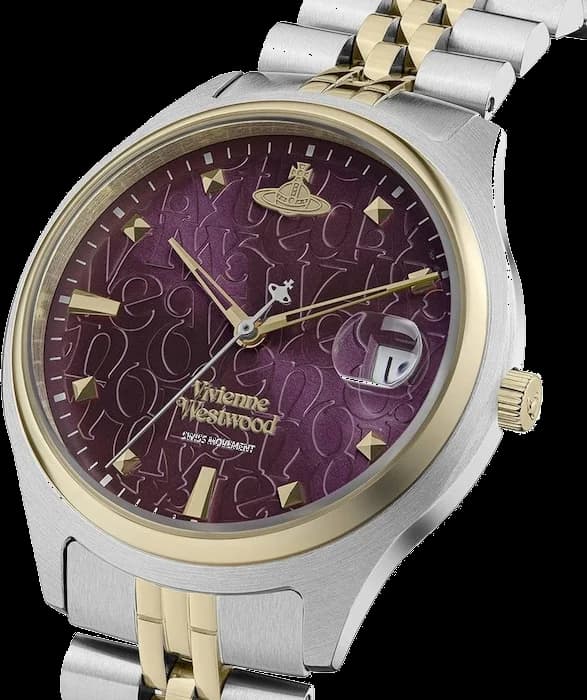 Cadran Vivienne Westwood VV261BYSG violet aux index bâtons dorés, aiguilles dorées, logo orbite à 12h, finition satinée