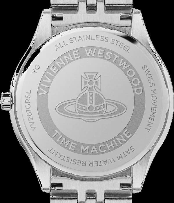Cadran Vivienne Westwood VV261GRSL vert profond, index bâtons et aiguilles dorées, signature orbite à 12h