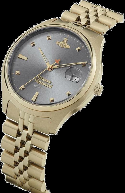Cadran Vivienne Westwood VV261GYGD gris soleillé, index dorés, aiguilles dorées, logo Orb emblématique à 12h