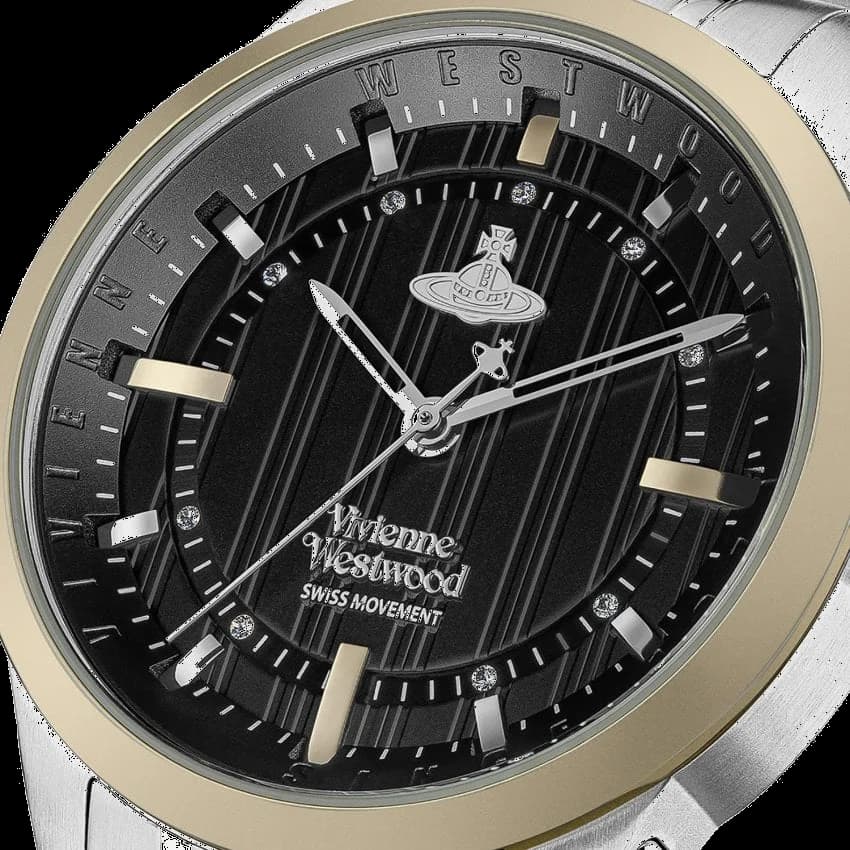 Cadran Vivienne Westwood VV262BKSG noir aux index dorés et aiguilles lumineuses