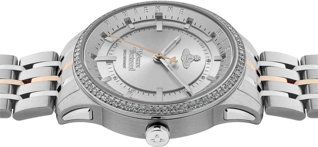 Boîtier Vivienne Westwood VV262WSSR rond en acier bicolore, lunette lisse, verre saphir, couronne crantée, étanche 50m