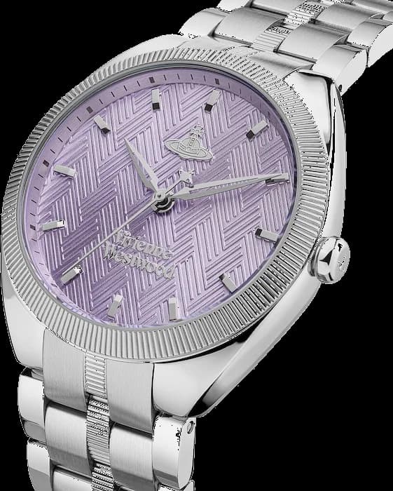 Cadran Vivienne Westwood VV281PPSL violet avec index et aiguilles argentés, logo orbite emblématique au centre
