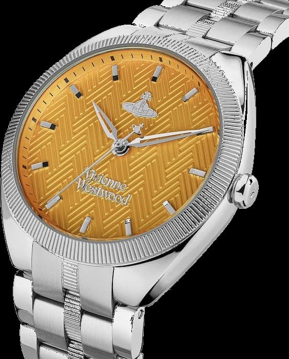 Cadran Vivienne Westwood VV281TNSL avec index bâtons en acier, aiguilles squelettées et date à 3 heures sur fond orange texturé