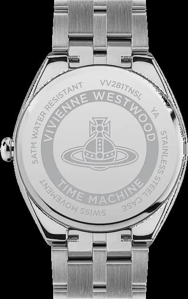 Boîtier Vivienne Westwood VV281TNSL rond en acier brossé de 38mm, lunette lisse et verre saphir, profil fin et élégant