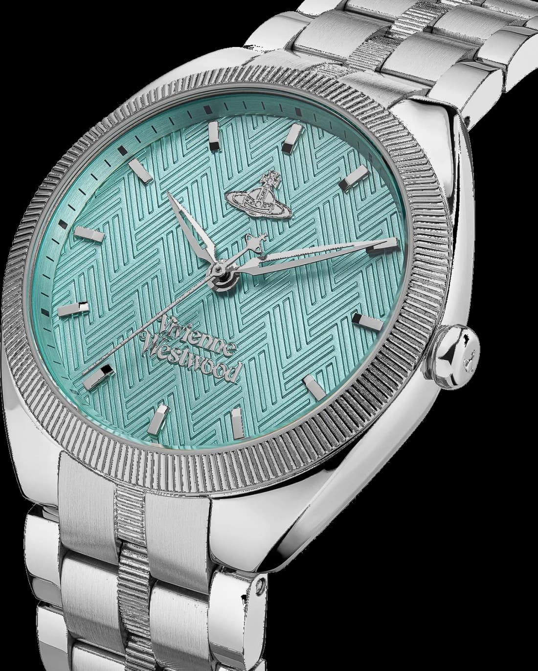 Cadran Vivienne Westwood VV281TQSL détail du cadran turquoise avec index bâtons et logo Orb