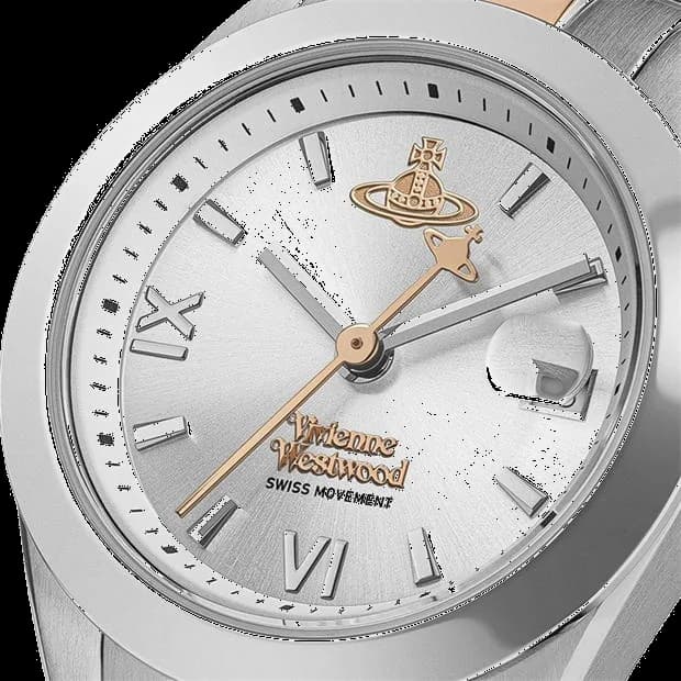 Cadran Vivienne Westwood VV292SLSR orné de l'orbe Orb emblématique, aiguilles dauphine et guichet dateur