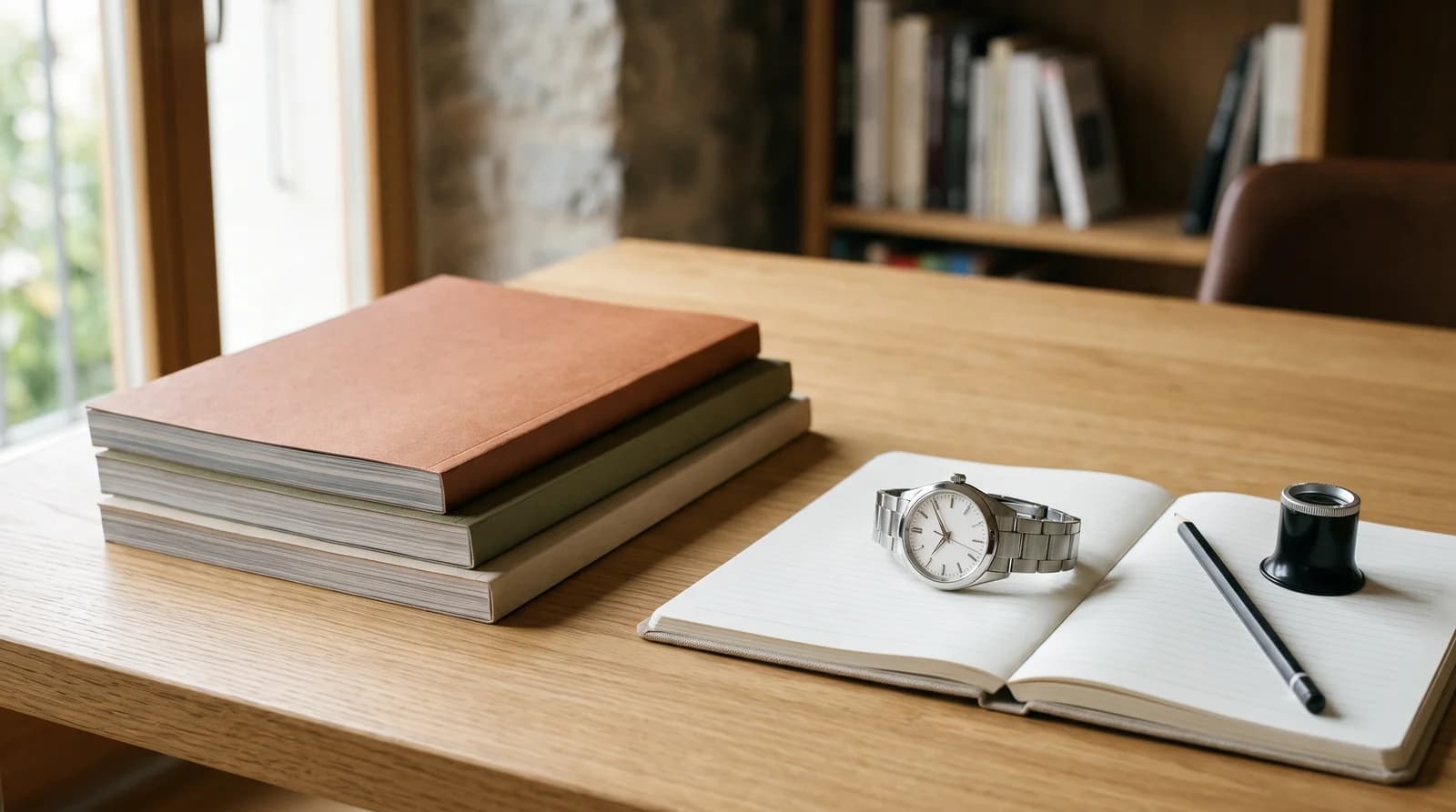 Bureau de lecture avec magazines, carnet, loupe d'horloger et montre automatique