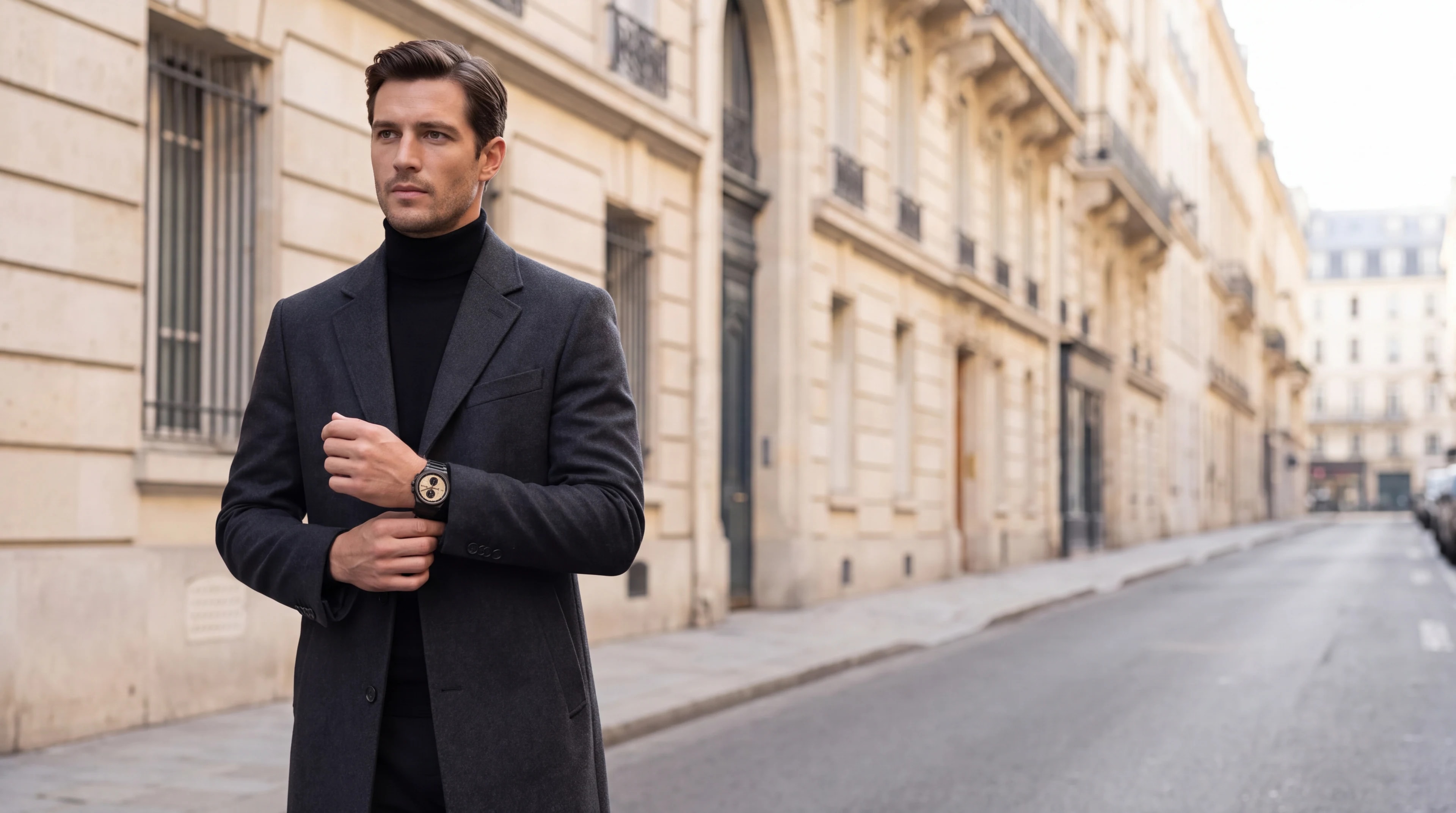 Homme en manteau à Paris, montre Hugo Boss Steer