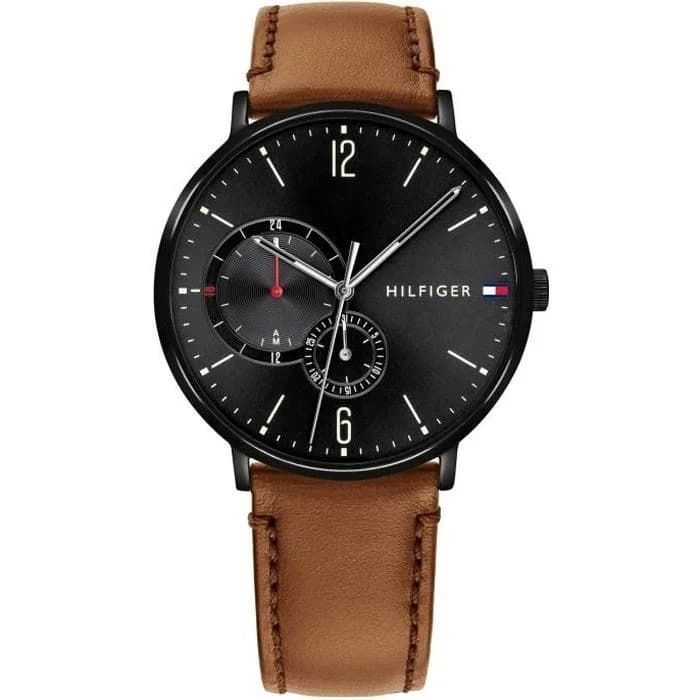 Montre homme Tommy Hilfiger 1791510, cadran noir avec bracelet cuir marron