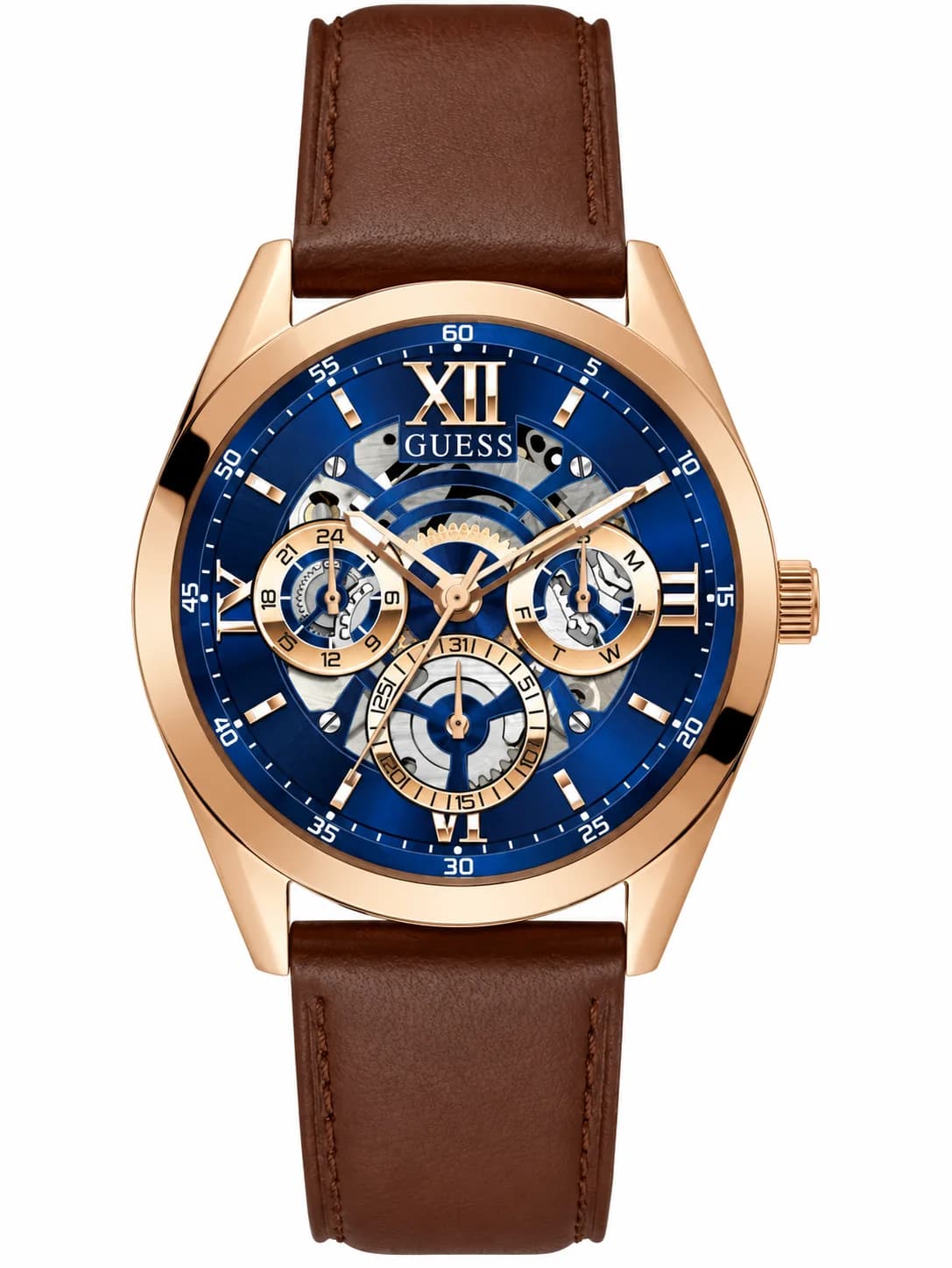 Montre homme Guess GW0389G3, au cadran bleu et bracelet cuir marron