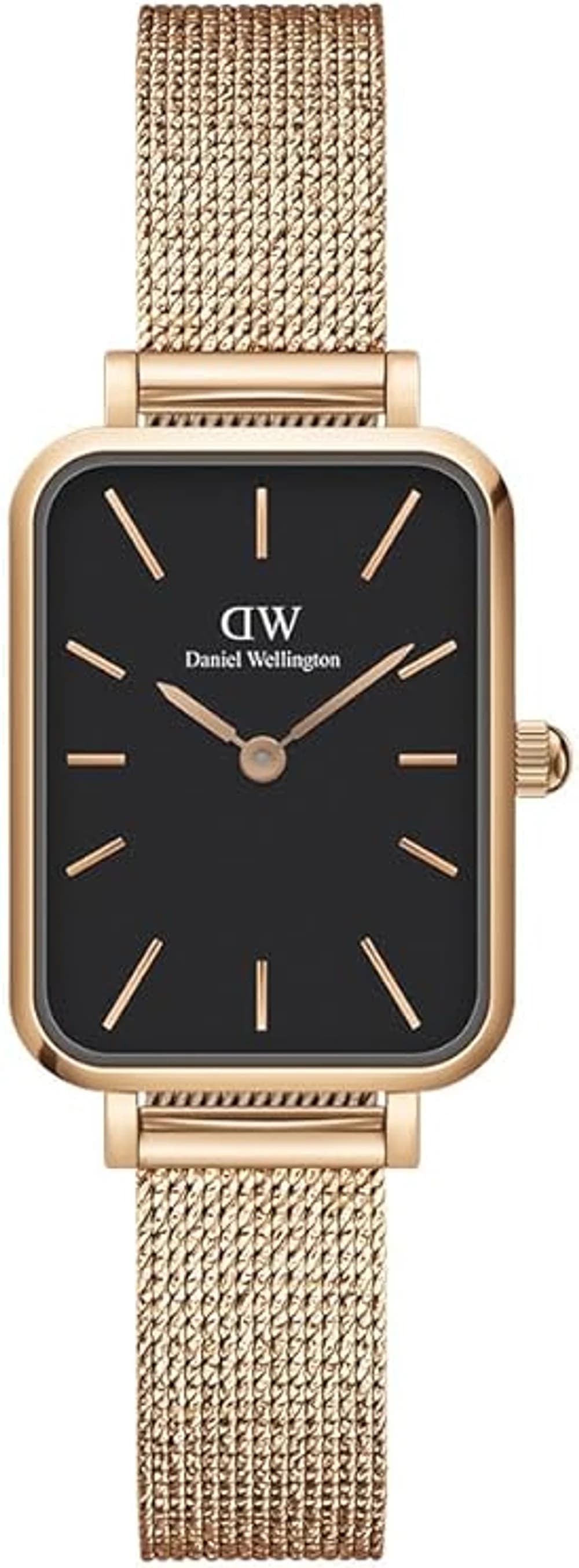 Montre femme Daniel Wellington DW00100432, boîtier rectangulaire, cadran noir, bracelet maille or rose