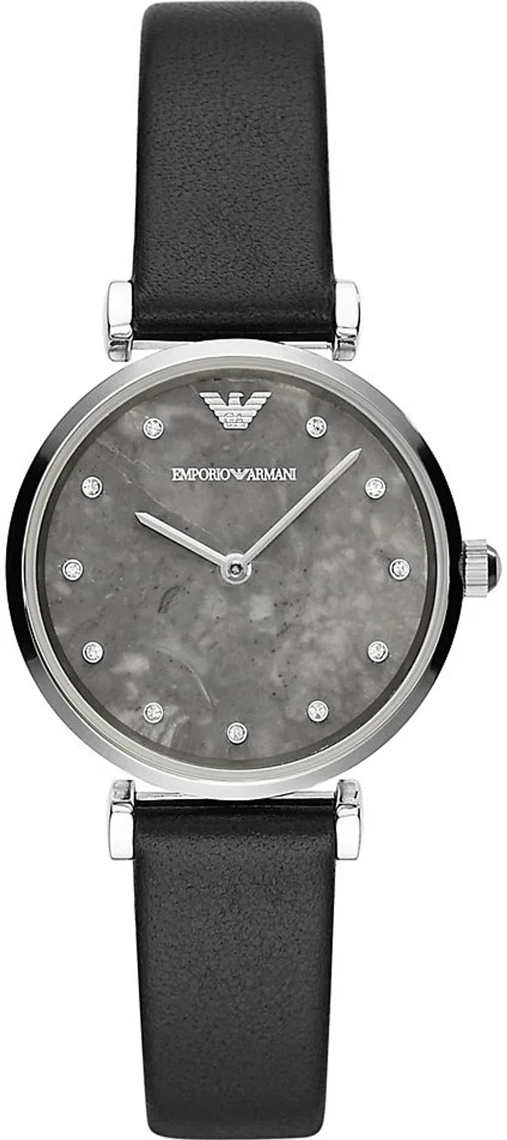 Montre femme Emporio Armani AR11171, cadran gris, bracelet cuir noir, cristaux