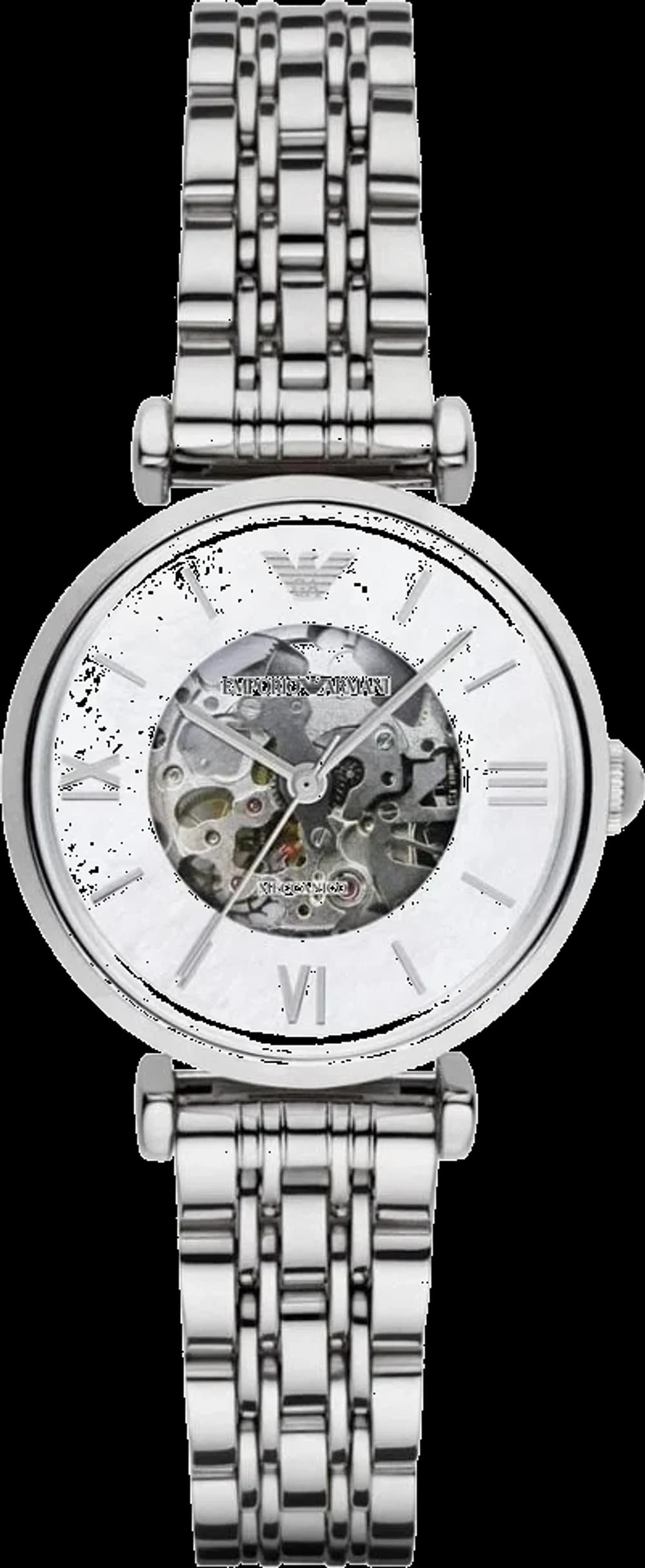 Montre femme Emporio Armani AR1991, cadran squelette transparent, bracelet acier