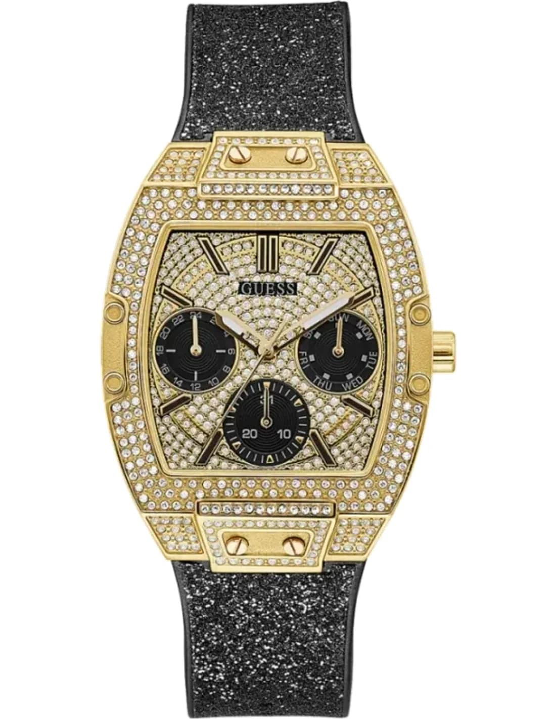 Montre Femme Guess Raven GW0105L2 bracelet silicone noir pailleté boitier doré orné de strass
