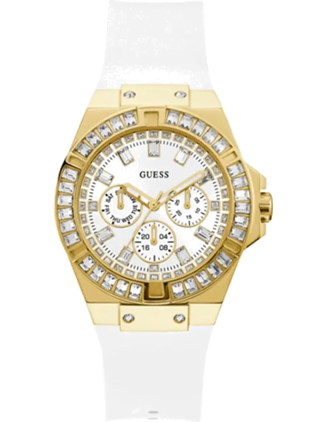 Montre Femme Guess Venus GW0118L5 Cadran Blanc Cristaux et Silicone Blanc