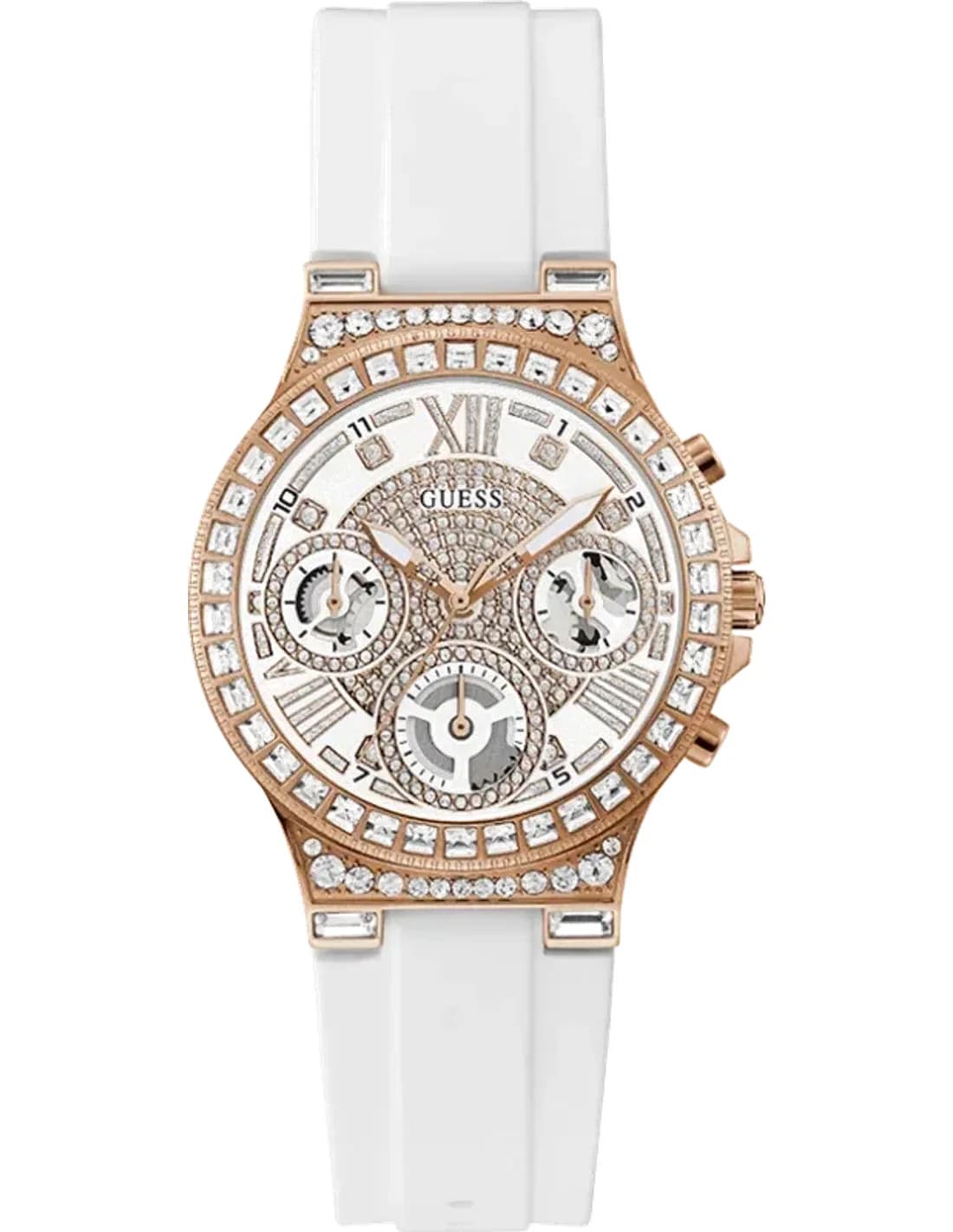 Montre Femme Guess Moonlight GW0257L2 bracelet silicone blanc boitier or rose orné de strass