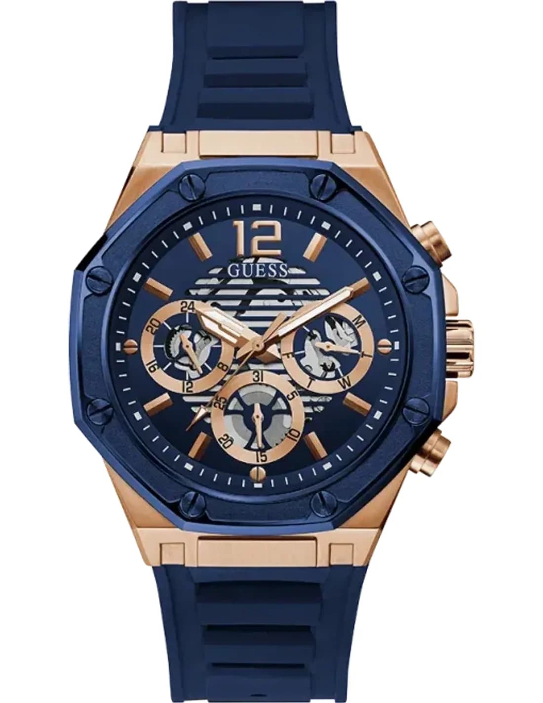 Montre Guess GW0263G2 Boîtier Octogonal Or Rose et Bracelet Silicone Bleu