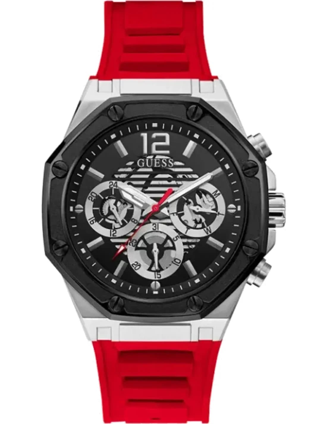 Montre Homme Guess Silver-tone GW0263G3 cadran noir bracelet en silicone rouge multifonction