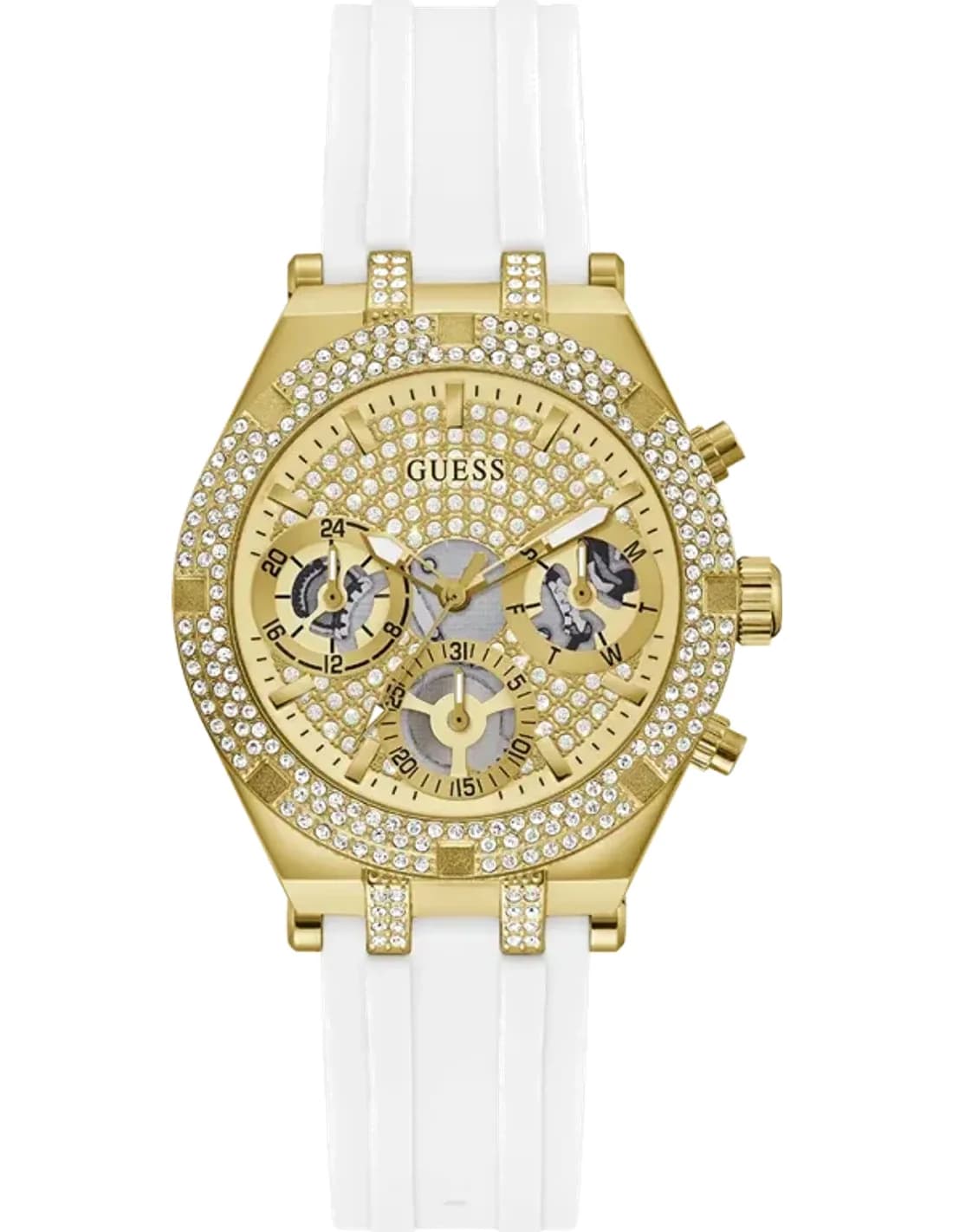 Montre Femme Guess Heiress GW0407L2 bracelet blanc en silicone boitier orné de strass